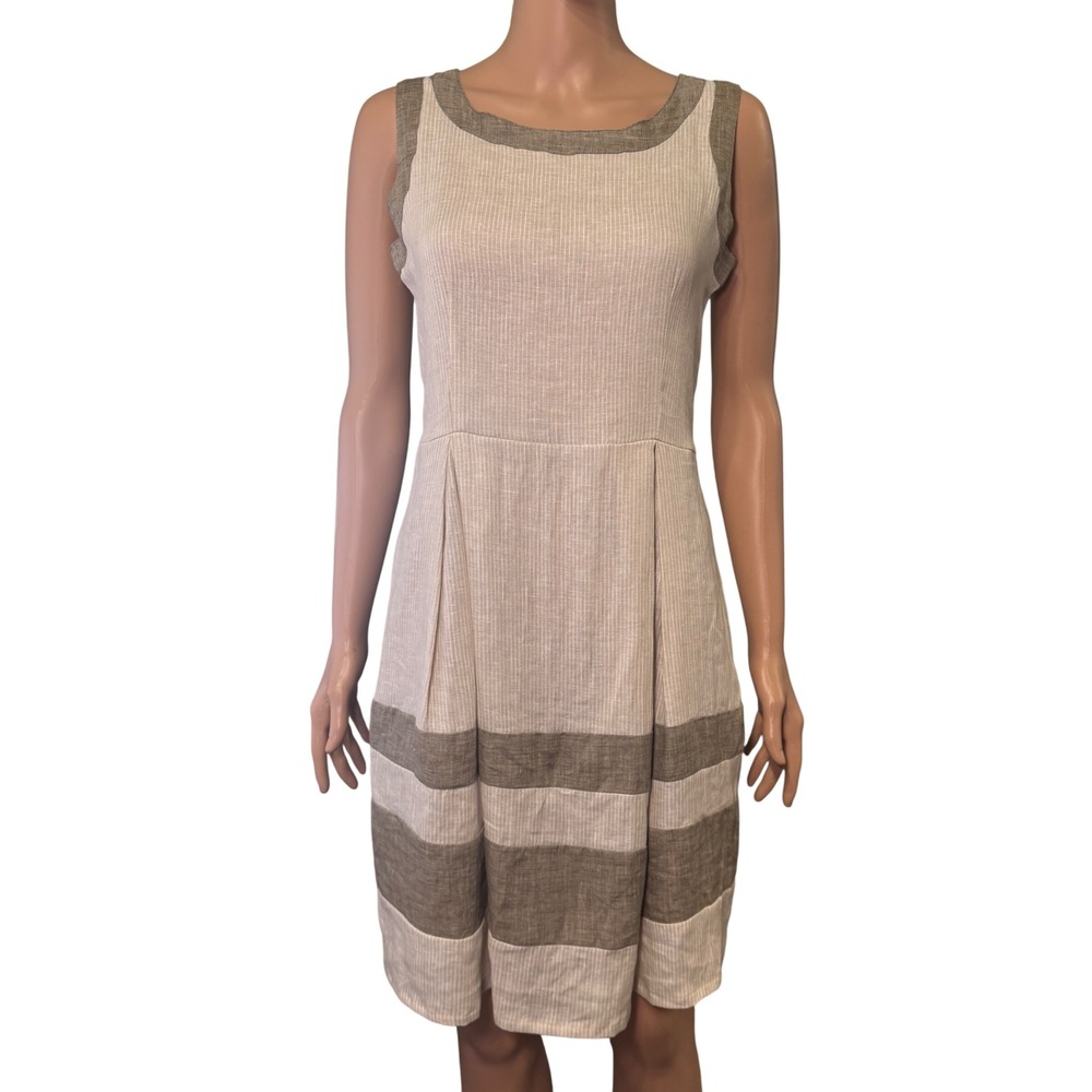 Puro Lino Italy Women's XS Beige Khaki Striped 100% Linen Sleeveless Midi Dress